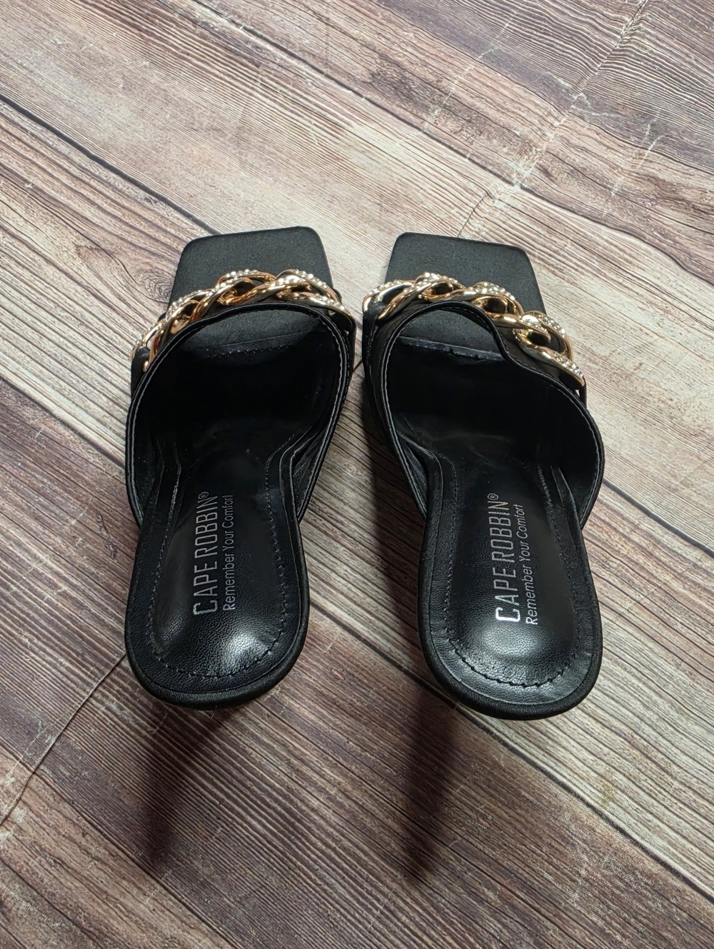 Cape Robbin Disteny Black Satin Gold Chain Square Open Toe Stiletto Mules - Picture 7 of 9